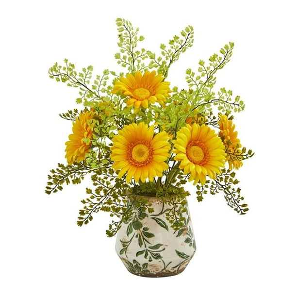 Nearly Natural A1029-YL Gerber Daisy & Maiden Hair Artificial Arrangement in Vase - Yellow