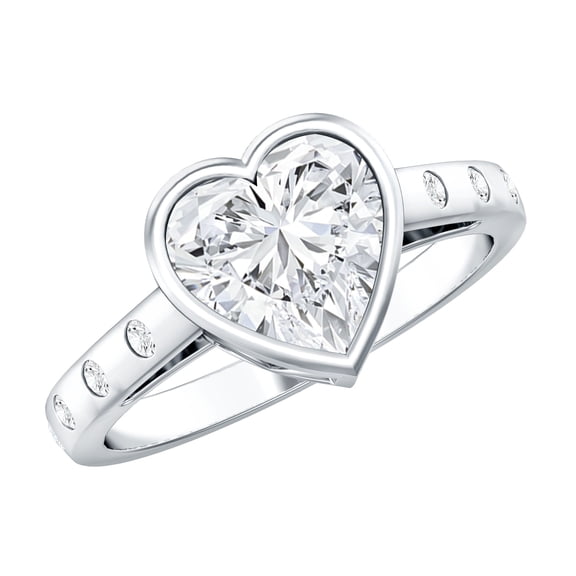 Rosec Jewels Lab Created Diamond Heart Engagement Ring 2 Carat - Bezel Set Diamond Ring (8mm, Ef-Vs Quality), 925 Sterling Silver, US 4.00
