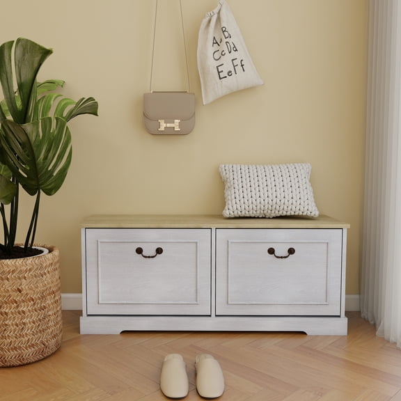 400Lbs Load Bearing Entryway Shoe Bench Antique White MDF Storage Bench With Flip Drawers Adjustable Shelf