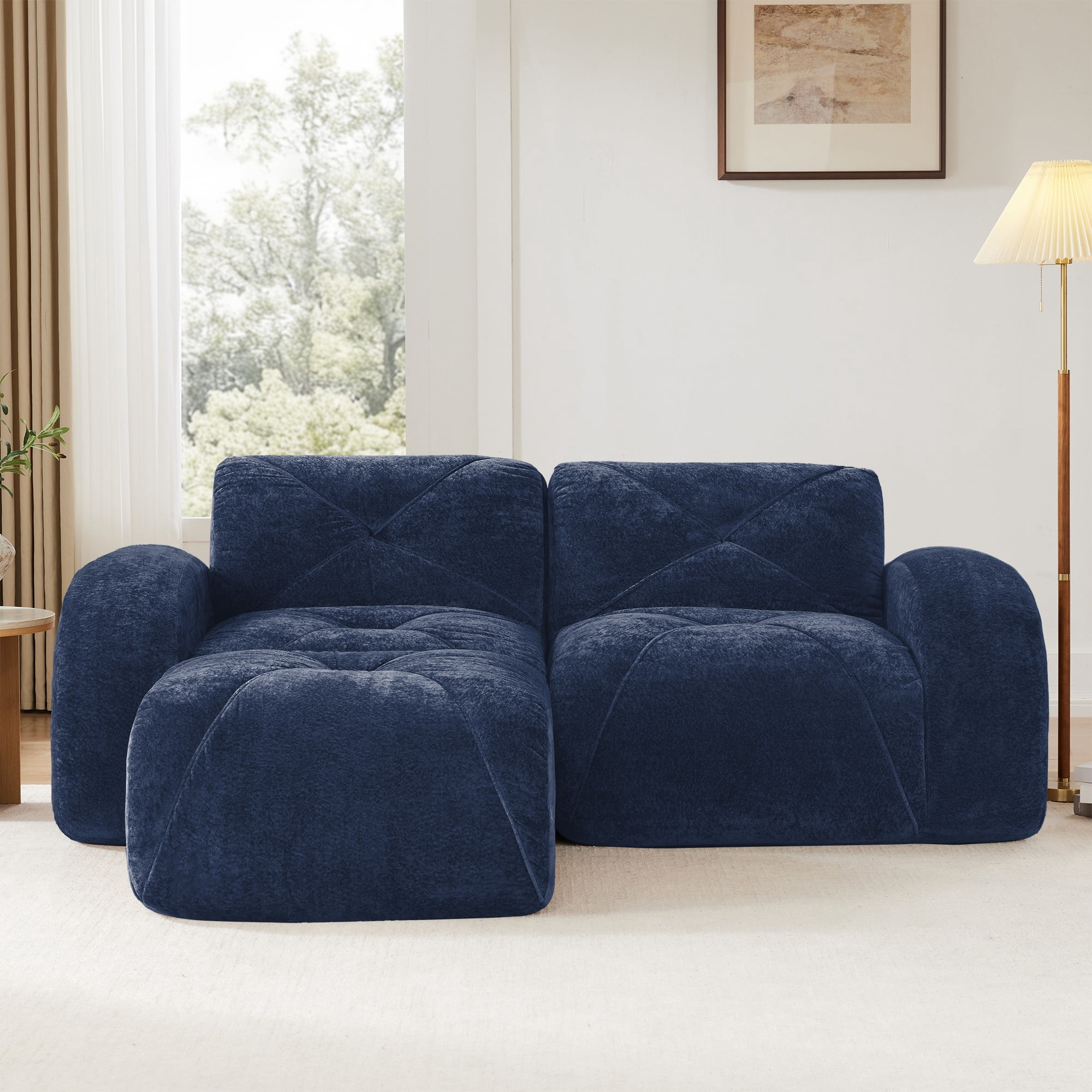 L-Shaped Boneless Sofa, Soft Velvet Fabric, Tufted Design, 32D High Density Sponge, No Assembly Required, Ergonomic Design Bottom, Anti-Slip Design, Movable Ottoman for Bedrooms (Blue)