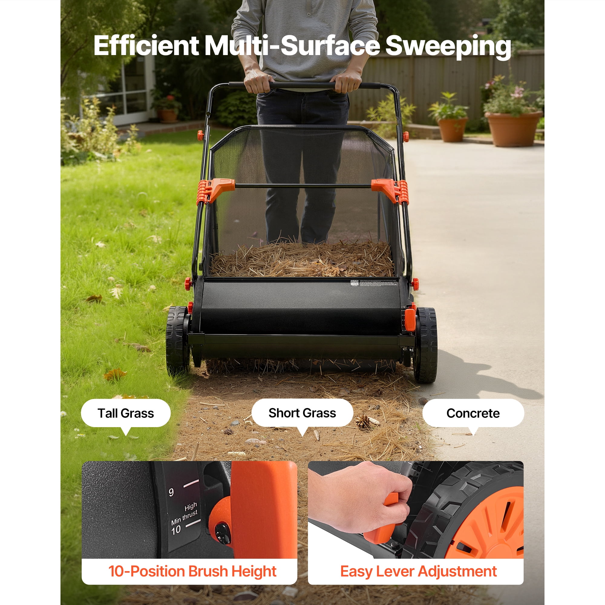 KFFKFF Push Lawn Sweeper, 30-Inch Leaf and Grass Collector with 12 cu. ft. Hopper Bag, Adjustable Brush Height, Durable Yard Sweeper with Rubber Wheels for Efficient Lawn Cleanup