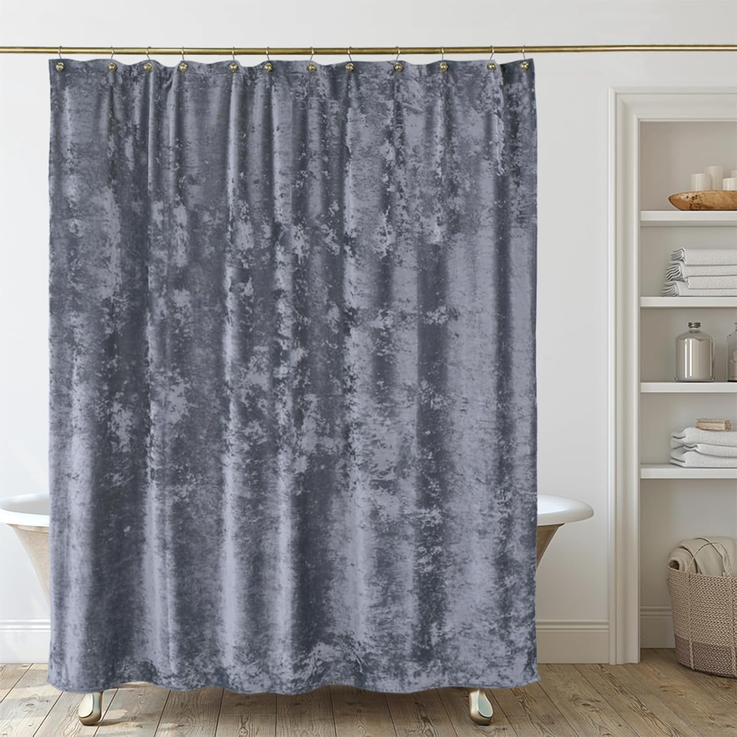 Crushed Velvet Shower Curtain, Grey Shower Curtain for Bathroom, Luxury Shower Curtain Set with 12pc Gold Hooks, Thick Fabric Waterproof 72x72”