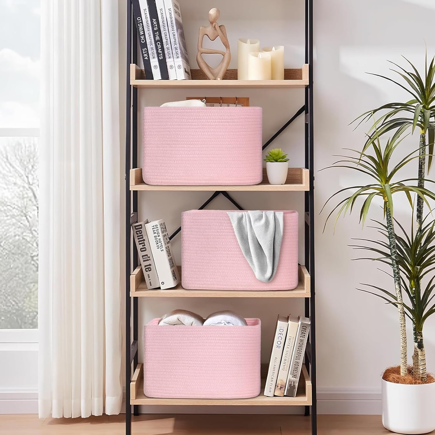 Natubeau 3 Pack Woven Storage Basket for Shelves, Cotton Rope Storage Bins for Toys Books, Storage Baskets for Organizing, 14.96"X9.8"X8.85", Pink