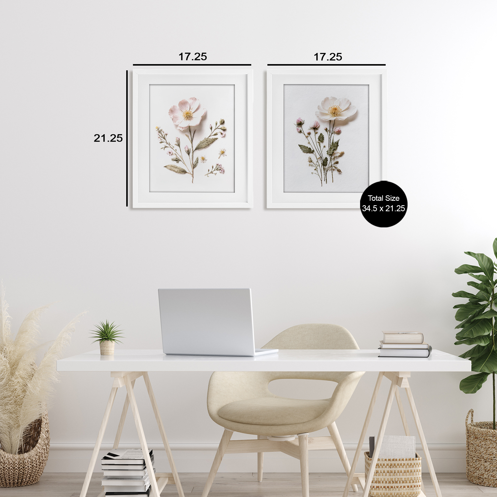 Minimal Pressed Flowers 2 Piece White Framed Print Under Glass Set, design by Lettered and Lined