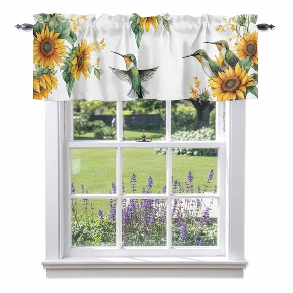 Hummingbird Sunflower Valance Curtains, Summer Watercolor Flower Rod Pocket Short Window Curtain for Kitchen Bathroom Bedroom, 42"x12"