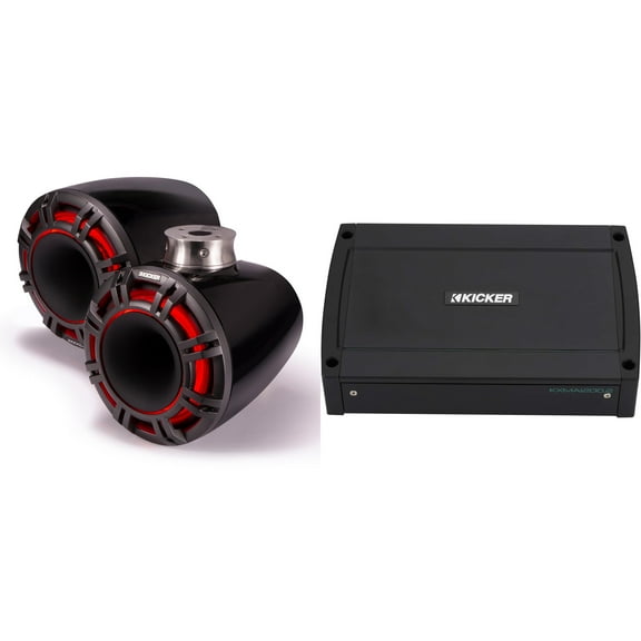 Kicker 47KMFC9 9" Black Horn-Loaded Tower Speakers & 1200 Watt Marine Amp with Flat-Mount Tower Adapters