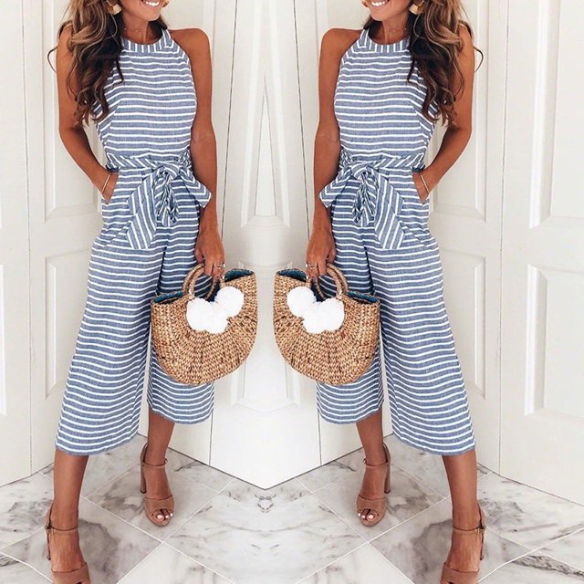 Primavera y verano Moda europea y americana Pantalones casuales ajustados con cordones sexy a rayas con cuello redondo para mujer