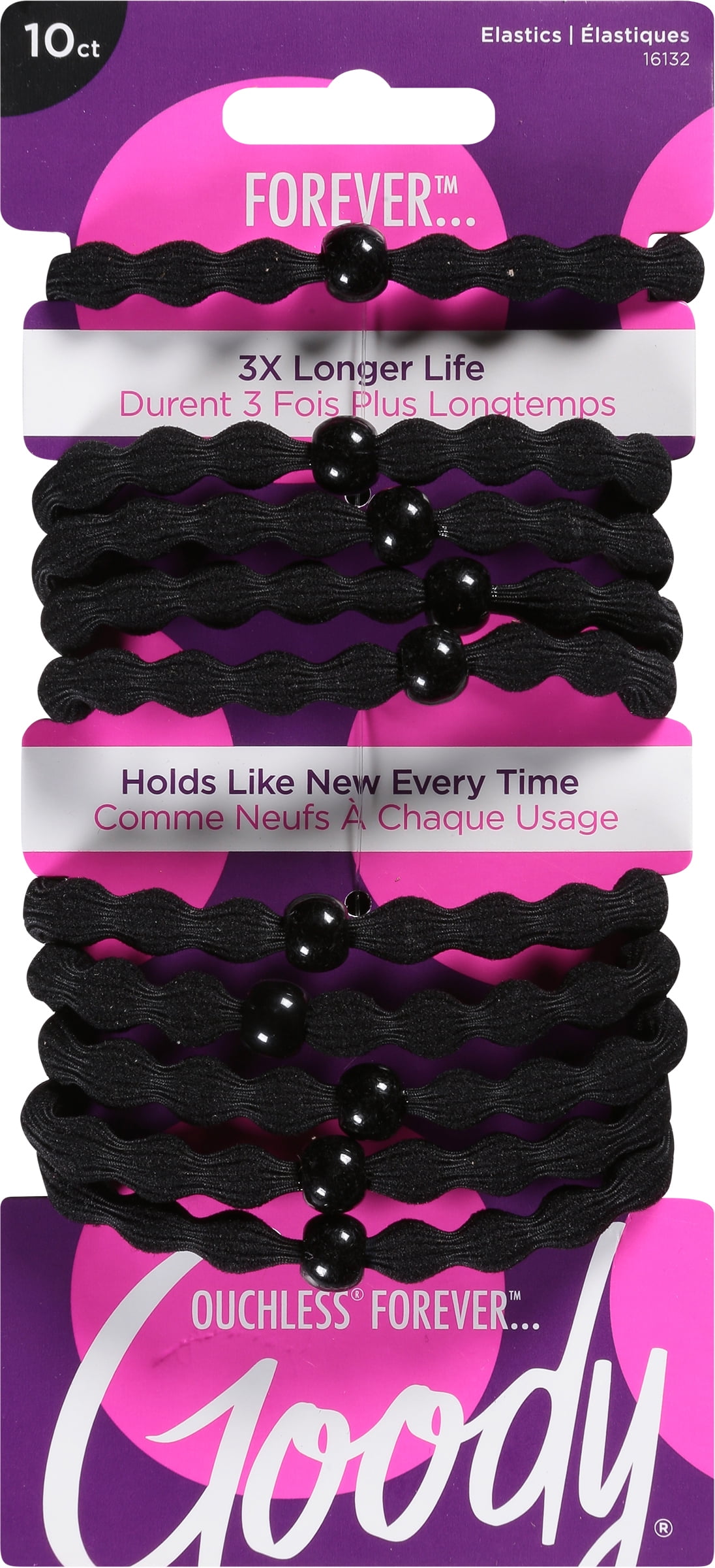 Goody Ouchless Damage-Free Forever Hair Elastics, Ponytail Holder, Black, 10 Ct