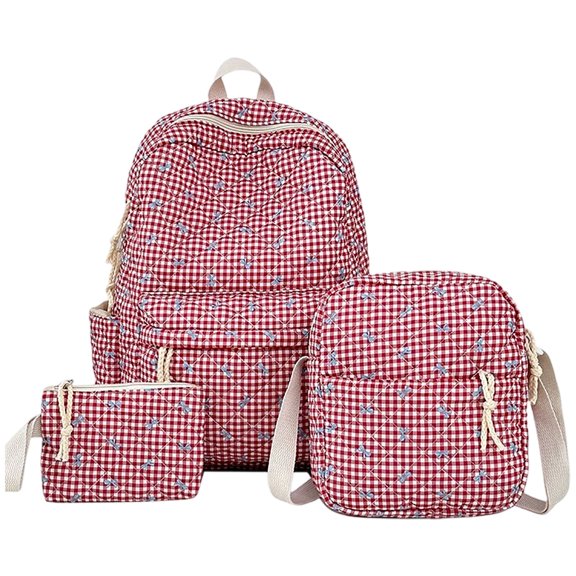 Gingham Bow Quilted Backpack Set Lightweight Multi‑Compartment Casual Daypack with Crossbody Bag & Zipper Pouch Vintage Plaid Storage Backpack for Daily Commute Travel Craft Storage