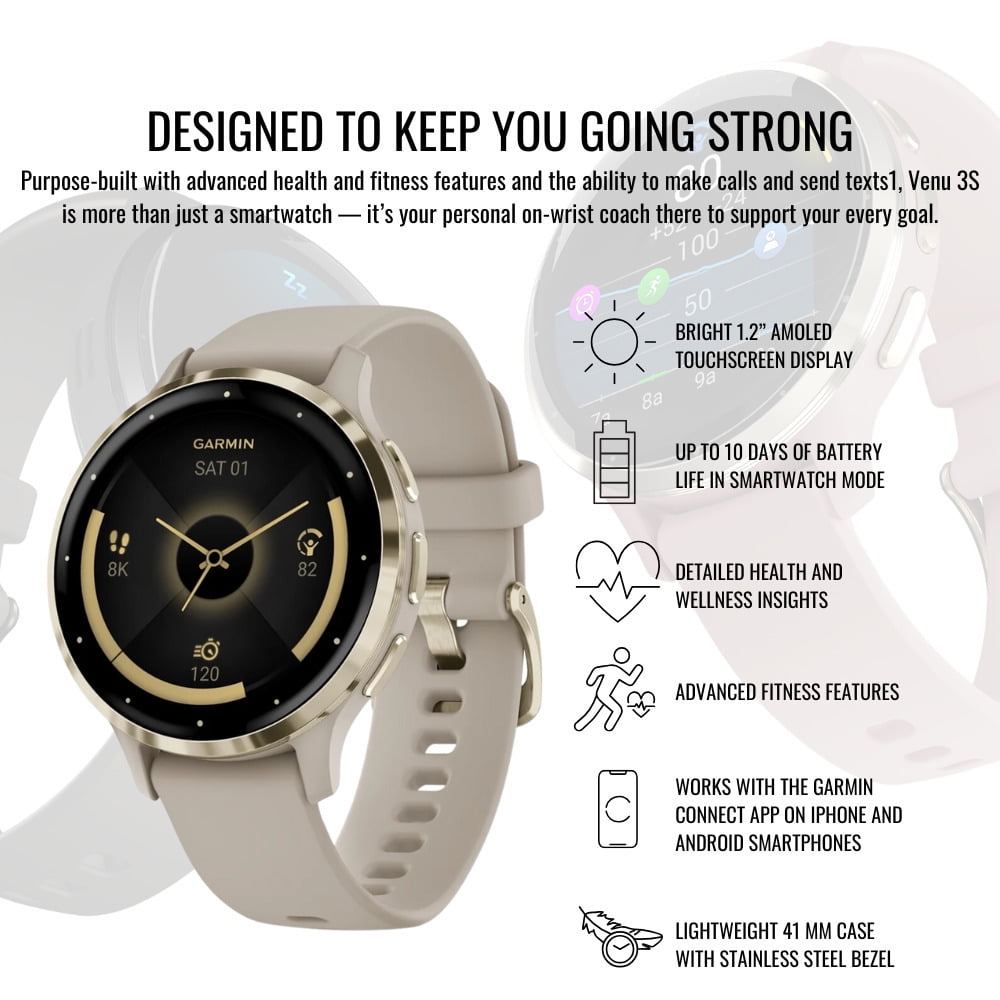 Garmin Venu 3S Soft Gold Stainless Steel Bezel Smartwatch with 41mm Ivory Case and Silicone Band Bundle with Charger Stand for Garmin Smartwatches and Focus Charger Port Protectors (9-Pack) (3 Items)