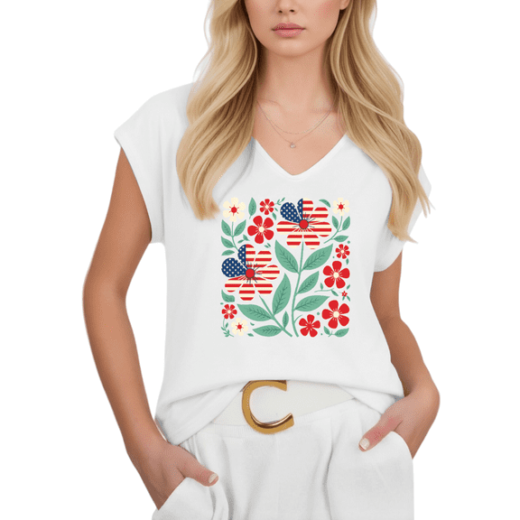 Cozymy Womens Patriotic Floral Print Tshirt V Neck Short Sleeve Graphic Tees Casual Summer Shirts Tops