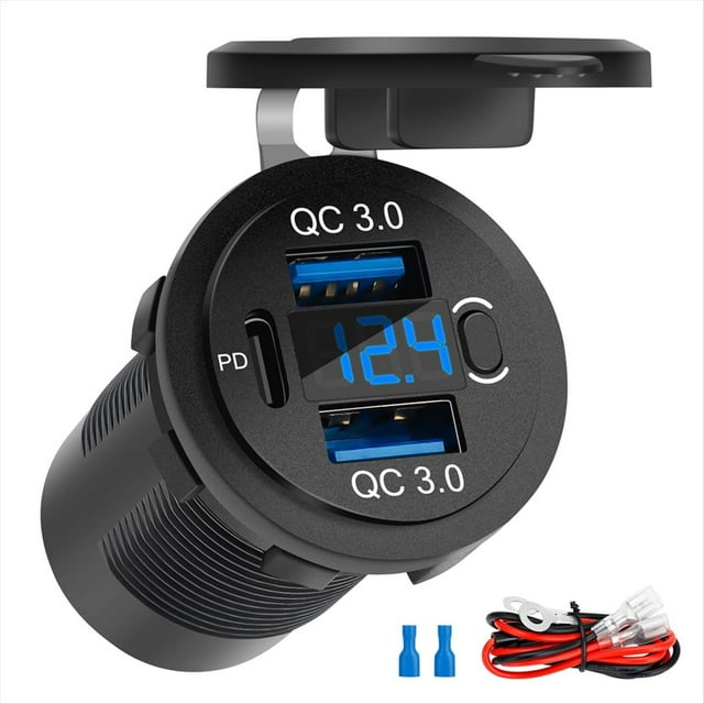 Puerto de Carga Rápida Dual QC3.0 de 18 W y PD de 30 W, USB C para Cargador de Coche con Voltímetro, 12 V, Resistente Al Agua, para o Coche.