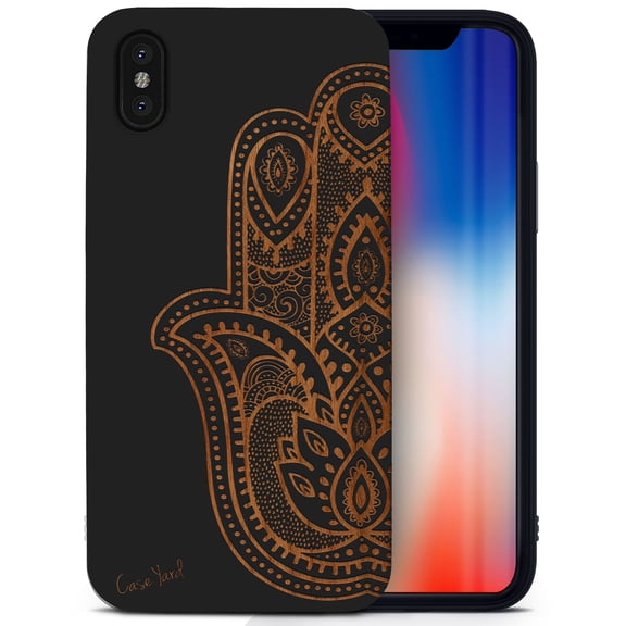 Case Yard Wooden Case for iPhone-XS-Max Soft TPU Silicone cover Slim Fit Shockproof Wood Protective Phone Cover for Girls Boys Men and Women Supports Wireless Charging Half Hamsa Hand Design