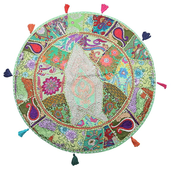 Stylo Culture Ethnic Boho Floor Pillow Vintage Patchwork Cushion Cover Parrot Green 28x28 Large Decorative Round Decor Seating Tuffet Seat Pouf Cover Footstool Cotton Embroidered 1 Pc