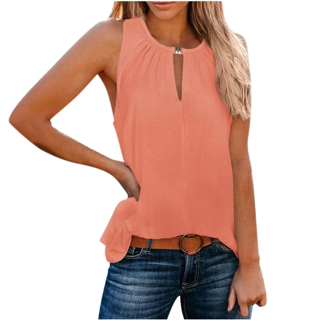 QUINDOS Camisoles pour Femmes Grande Taille Rose Été Exercice à la Mode Décontracté Manches Courtes Couleur Unie Sans Manches Col Rond Hauts Camisoles pour Femmes 2025