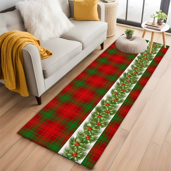 Christmas Kitchen Runner Rug 2x6 Washable Runners for Hallway Non Slip Xmas Botanical Berry Green Red Checkered Large Area Rug Indoor Floor Carpet for Bathroom Laundry Entryway Bedroom Living Room