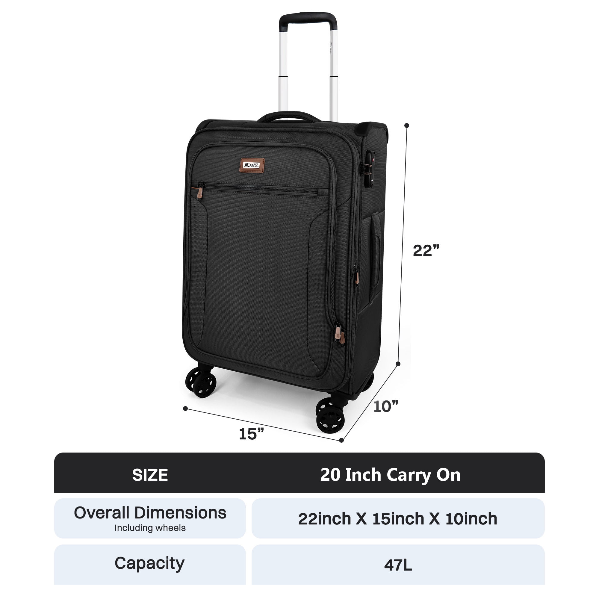 20 inch Softside Carry-on Luggage for Airplane Expandable Spinner Suitcase with TSA Lock, Black - XJ1907