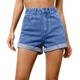 thumbnail image 4 of UDAUDU Womens Jean Shorts High Waisted Summer Elastic Folded Hem Hot Casual Denim Shorts Dark Blue L, 4 of 5