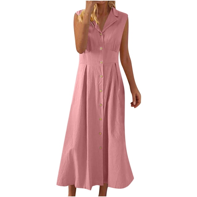 yoeyez Robe d'Été en Lin pour Femmes Longue, Robe de Travail Décontractée pour Femmes avec Col Boutonné, Robe de Soleil Sans Manches à Col en V, Robes de Mode pour Vacances à la Plage, Robes Maxi Roses, 3TG