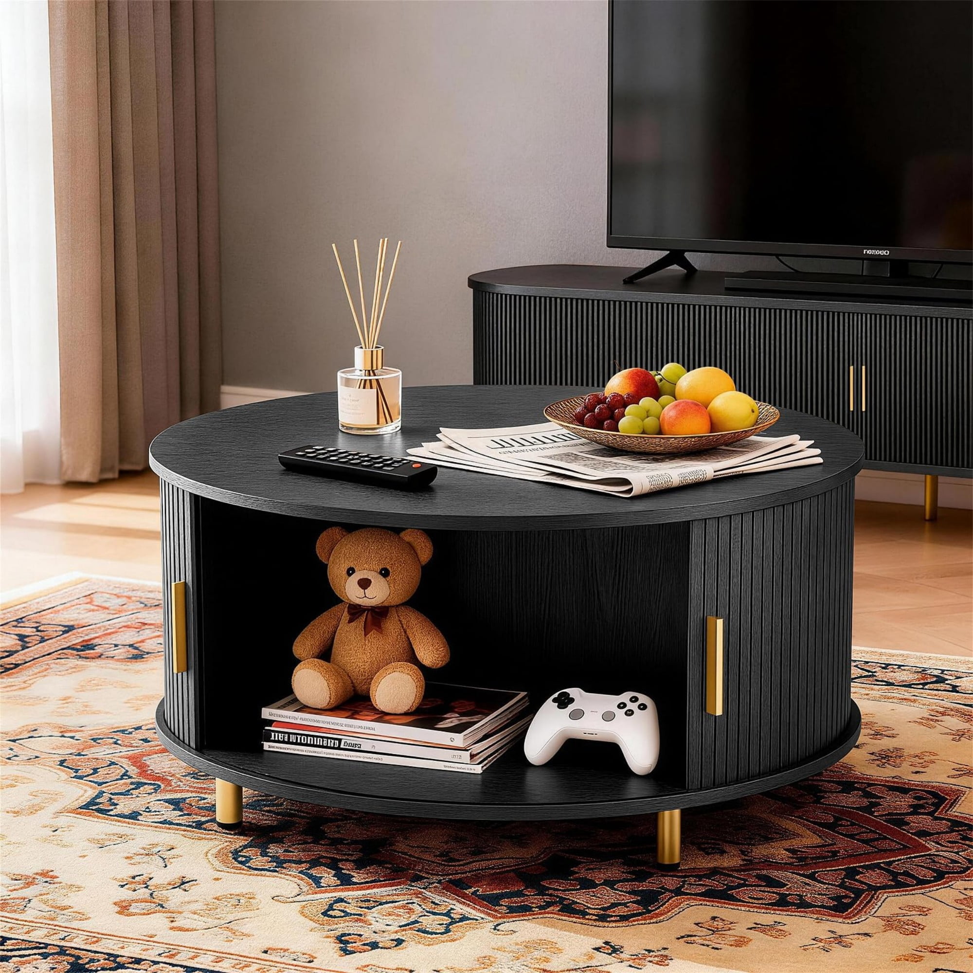 31.5" Round Coffee Table, Mid Century Modern Fluted Coffee Table with 360° Sliding Tambour Door & Storage, Black