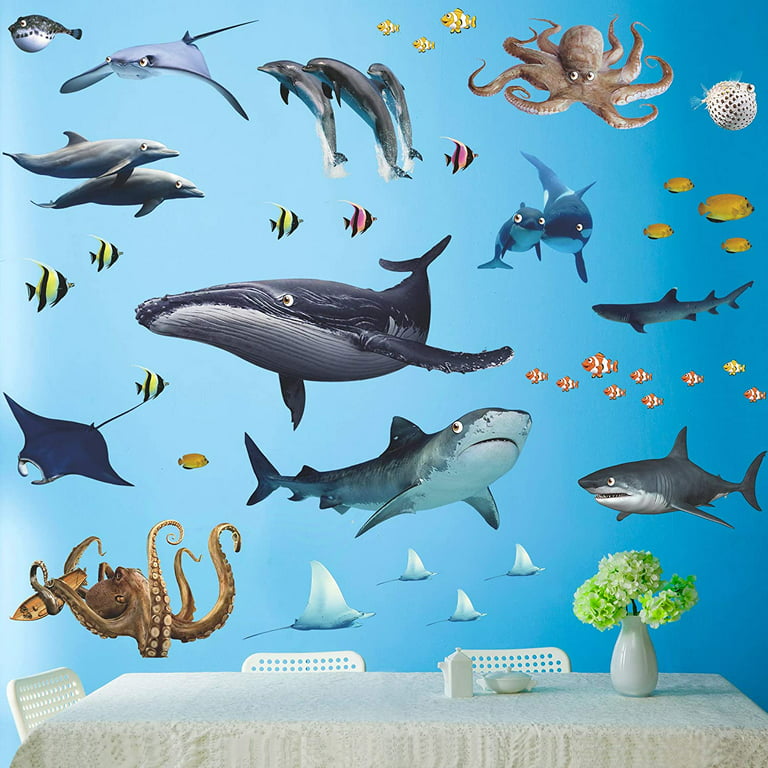 Removable 3D Removable Under The Sea Fish Wall Sticker DIY Ocean Animals  Wall Decals Whale, Shark, Squid Wall Decor Peel and Stick Art for Kids Room