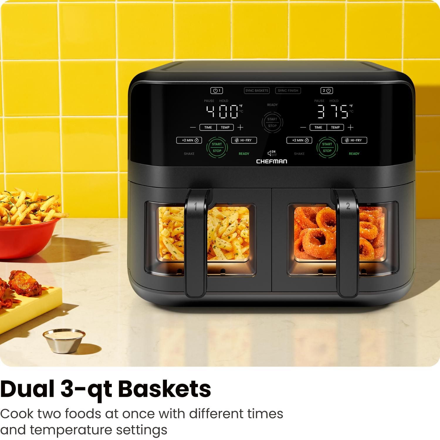 Friteuse à air numérique Chefman à deux paniers avec fenêtres Easy View, 2 paniers indépendants de 2,75L (3 pintes) - Noir, Nouveau