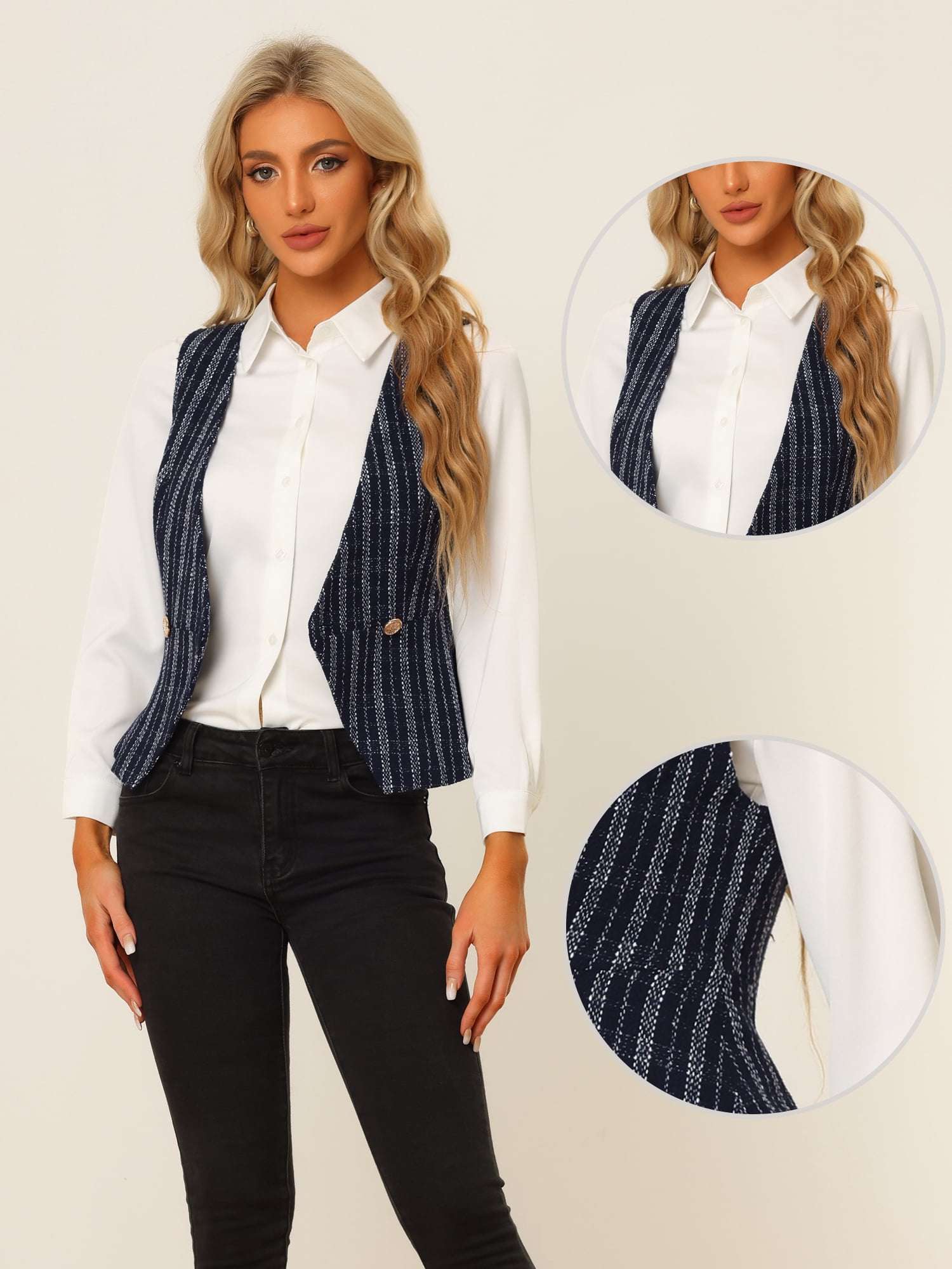 DARING DIVA Women's Plaid Double Breasted Tweed Vest Waistcoat L Dark Blue
