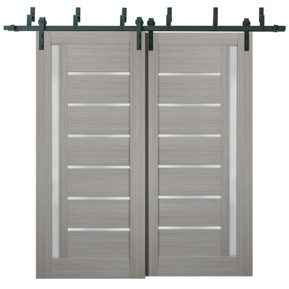 Sliding Closet Frosted Glass Barn Bypass Doors 60 x 80 inches | Quadro 4088 Grey Ash | Sturdy Top Mount 6.6ft Rails Hardware Set | Wood Solid Bedroom Wardrobe Doors