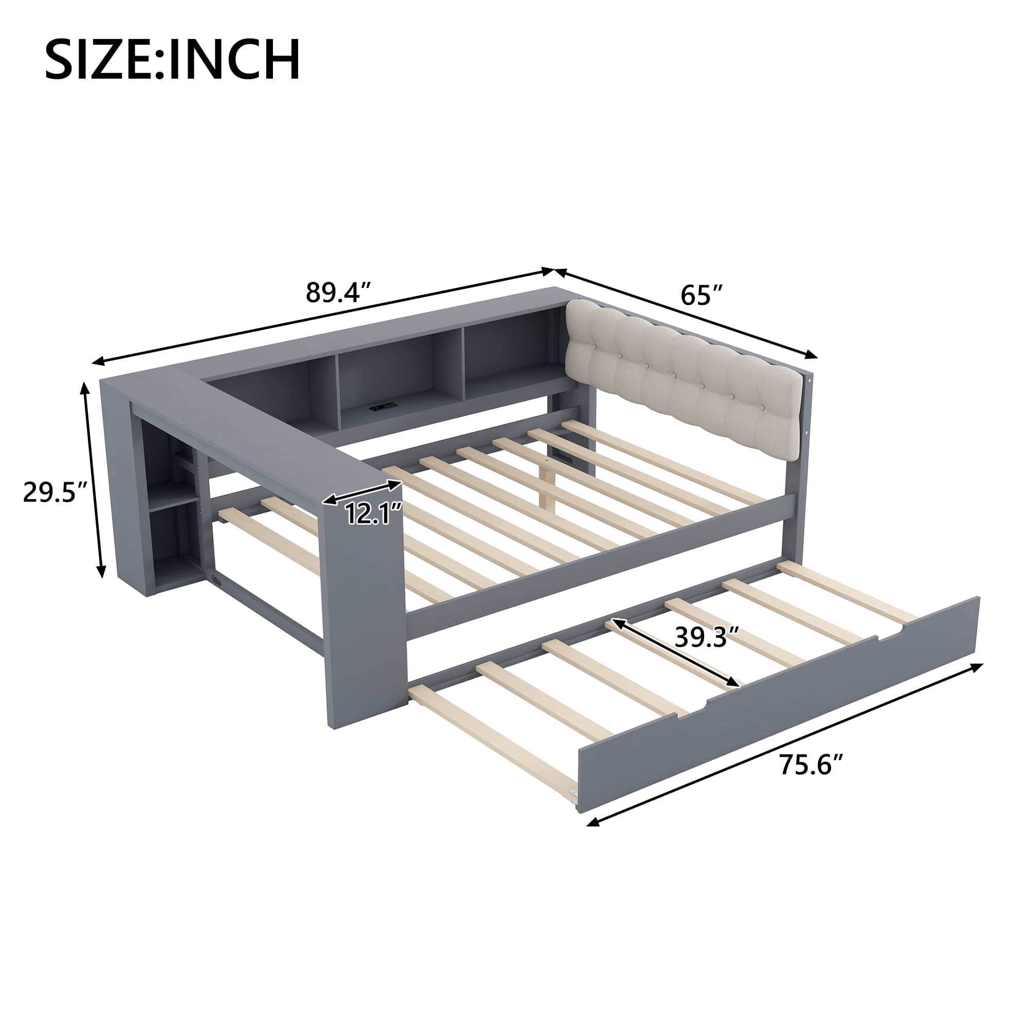 Sailvan Full Size Platform Bed Frame with Storage,Trundle and Headboard Gray