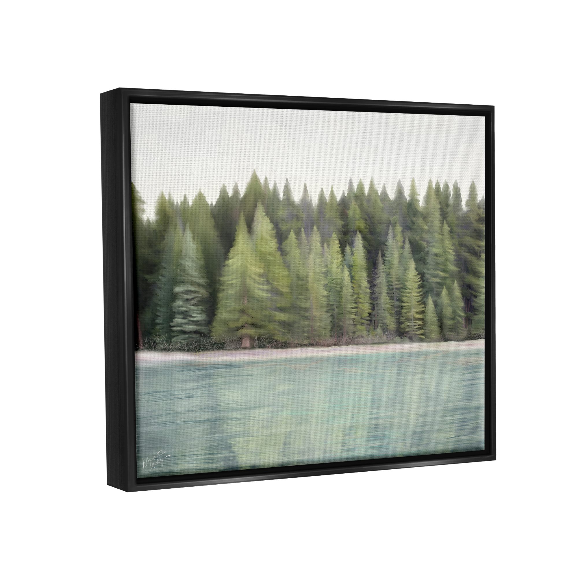 Stupell Industries Woodland Lake Shore Landscape Painting Black Floater Framed Canvas Art Print Wall Art, 21 x 17