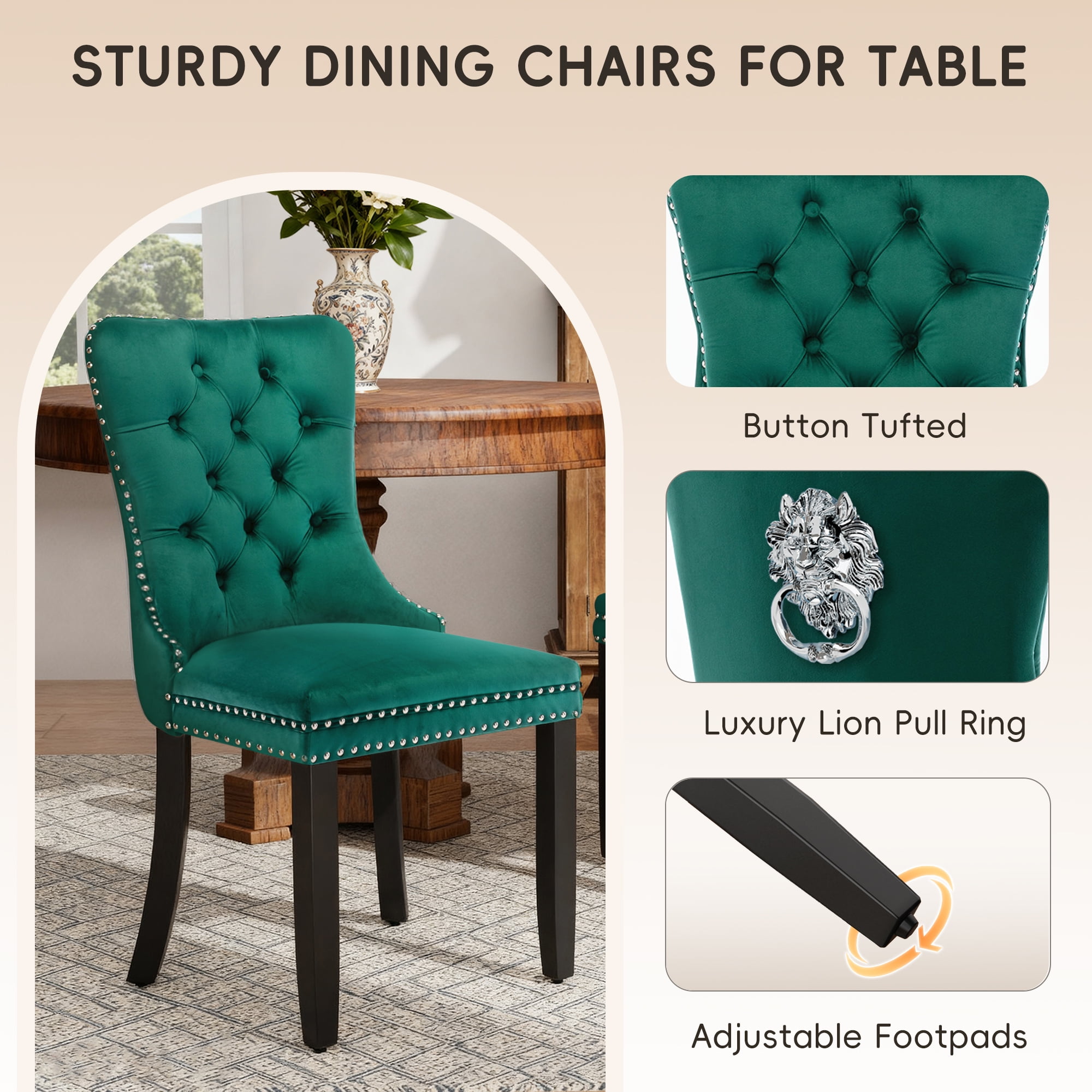 DONICK Velvet Upholstered Dining Chair Set of 6,Modern Tufted Kitchen Chairs Nailhead Lion Pull Ring Black Wood Legs(Black)