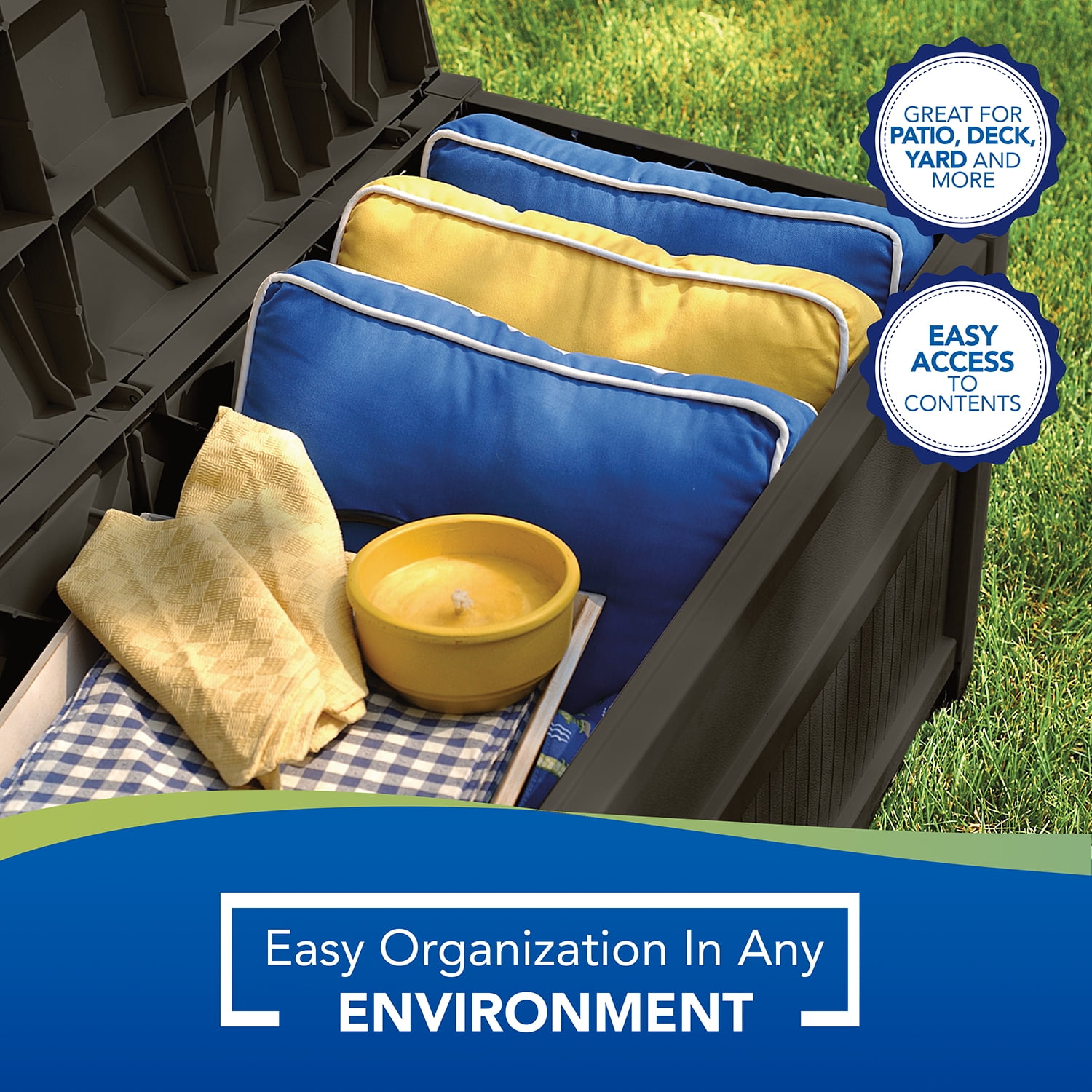Suncast 50-Gallon Outdoor Resin Patio Deck Storage Box with Seat,  Peppercorn