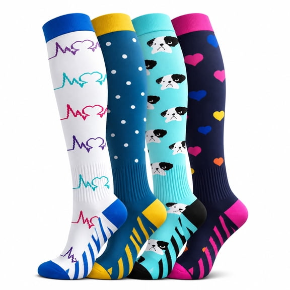 Goldeer Compression Socks 15-20 mmHg Knee High, 4 Pairs Graduated Support for Men & Women, Athletic Running & Everyday Wear, Breathable Nylon Polyester Colorful Sport Design