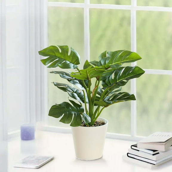 Fake Monstera Plant under $5! CQCYD Artificial Monstera Deliciosa Plant, Simulation Split Leaf Philodendron in Pot, Fake Tropical Plants for Home Office Decor, Realistic Green Houseplant for