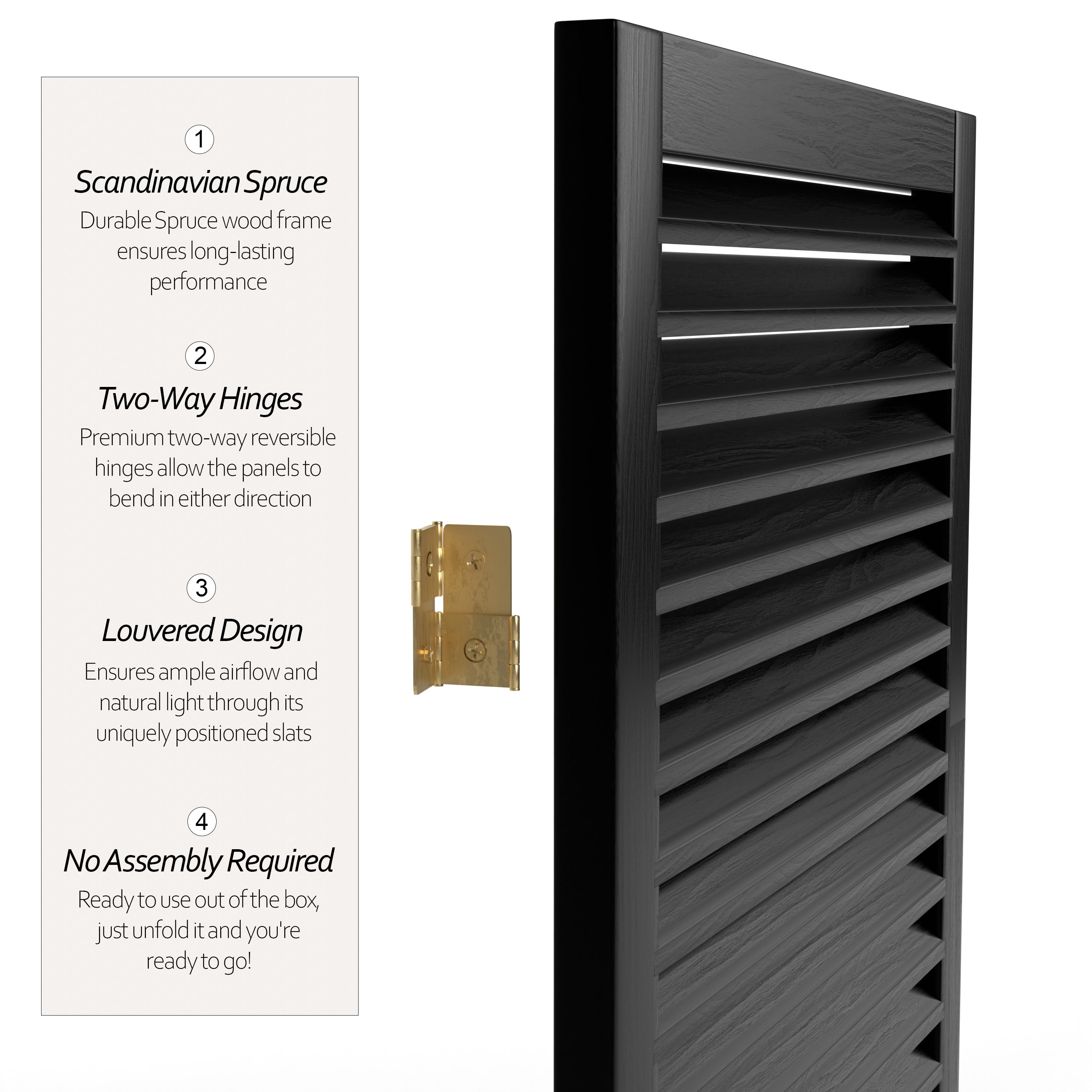 6 ft. Tall Beadboard Room Divider Panel Screen - Black - 3 Panels