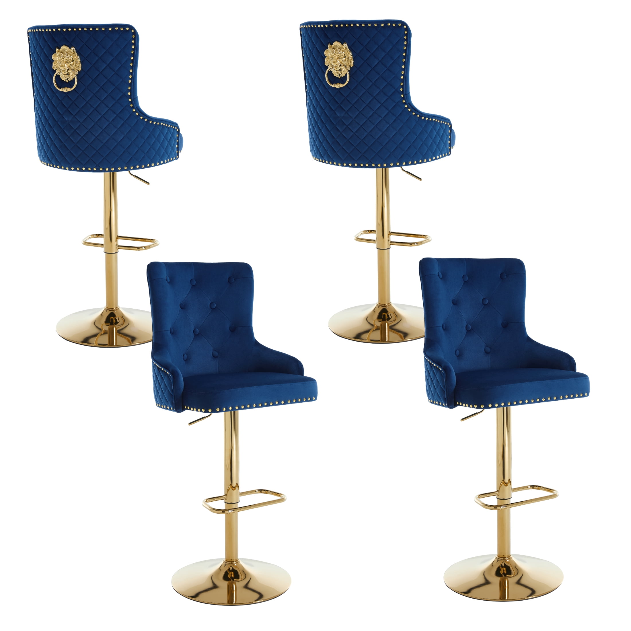 Velvet Gold Bar Stools Set of 4 Modern Counter Height Bar Stools with Lion Pull Ring Tufted Back, Nailhead Upholstered Barstools for Home Kitchen Island, Swivel Adjustable Stool Chair in Dark Blue
