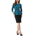 thumbnail image 2 of INSPIRE CHIC Peplum Tops for Women's 3/4 Sleeve Teacher Belted Elegant Business Work Blouse L Lake Blue, 2 of 6