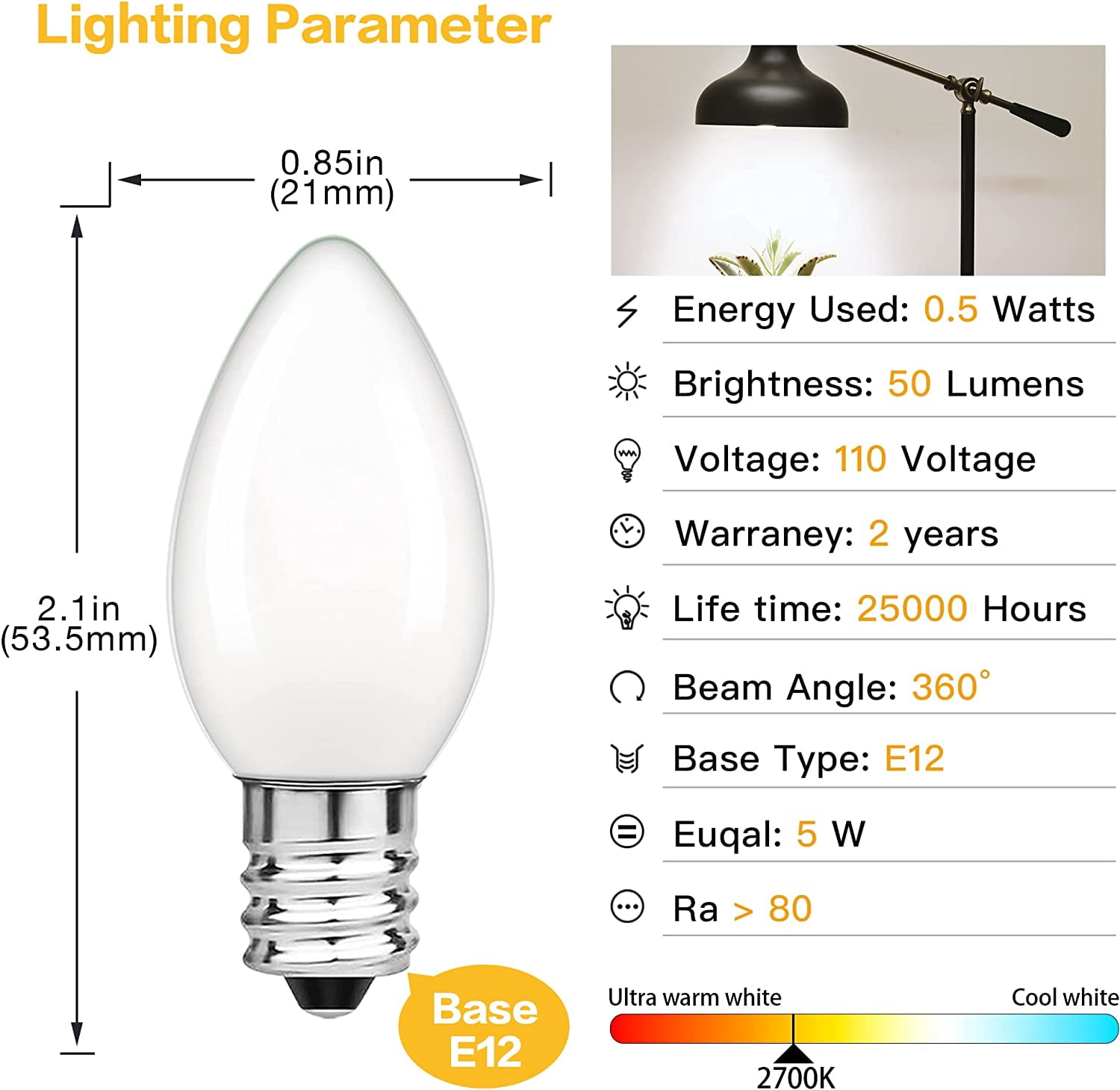 C7 Replacement LED Light Bulbs E12 Candelabra LED Light Bulbs 0.5W Equivalent 5W Warm White 2700K Low Lumens Small Milky White Led bulbs for Outdoor String Lights Non Dimmable, Pack Of 25