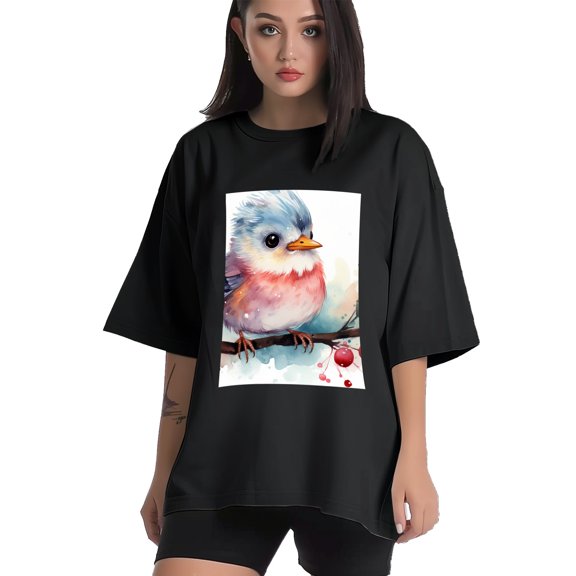 Plus Size Shirt for Women Black Tops for Women Short Sleeves Shirt for Women Watercolor Red-Browed Bird 9 T Shirt Crewneck Shirt for Women XS