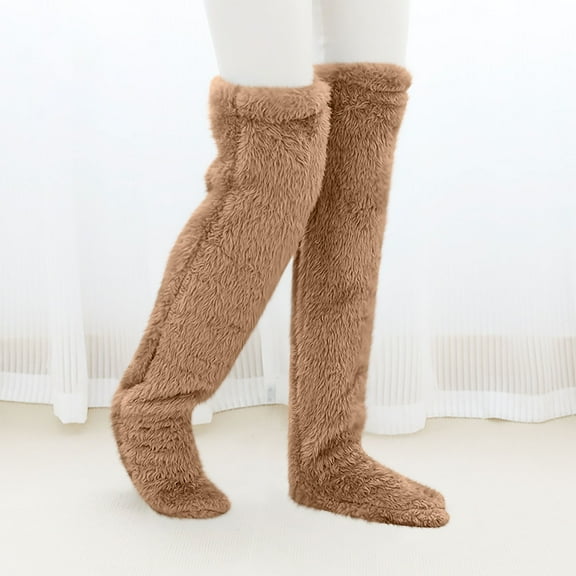 WoenderWiz Cozy Paws Thigh High Fuzzy Socks - Plush Teddy Bear Non-Slip Warm for Women & Men, Sleeping Lounge Winter Brown One Size