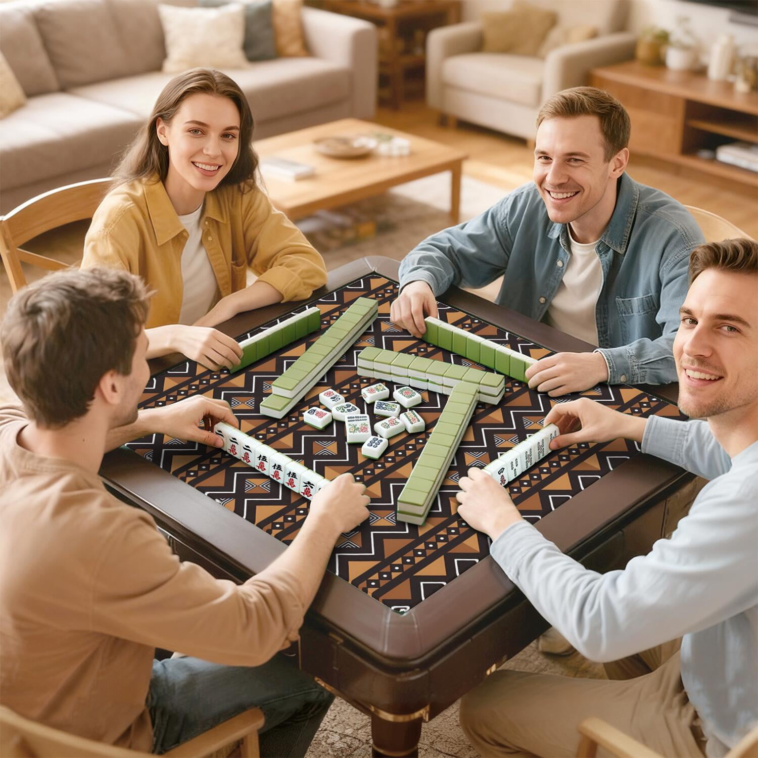 Premium Boho Design Non-Slip Mahjong Mat 31.5 Inch Square Rubber Playing Surface with Noise Dampening for Game Tables and Multi-Purpose Game Nights