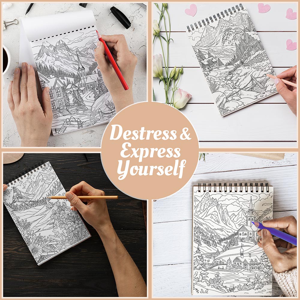 Netecom Alpine Wonders Coloring Book for Adults, A5 Wooden Cover, 30 Scenic Coloring Pages of Miracle Mountains for Stress Relief and Relaxation, Spiral Bound Edition