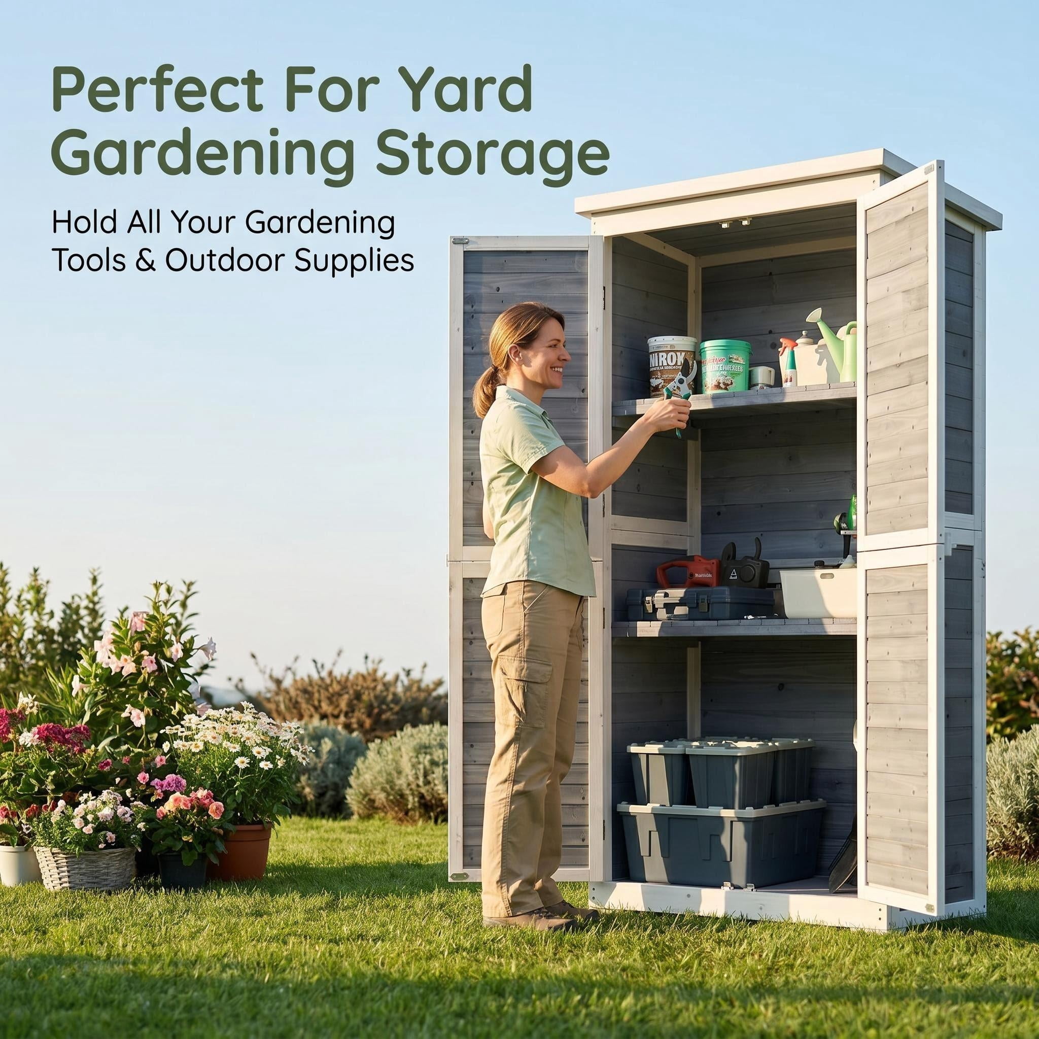 Outdoor Storage Cabinet, Lofka Wood Garden Storage Shed with Ventilate Shutter and Asphalt Roof, Grey