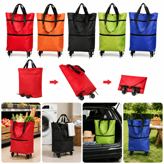 2-in-1 Foldable Rolling Shopping Tote, Collapsible Grocery Cart with Wheels, 50L Large Capacity Reusable Shopping Bag with Adjustable Handle for Grocery, Laundry, Travel, Market, 1PC Black