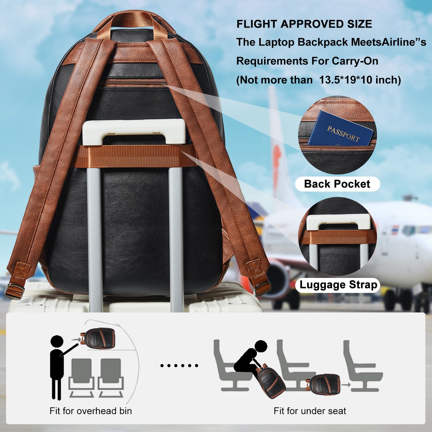 43L Vegan Leather Backpack for Women & Men, Travel Carry On Backpack, College Bookbag, Work Laptop Backpack fits 17 inch Laptop，Black&Brown
