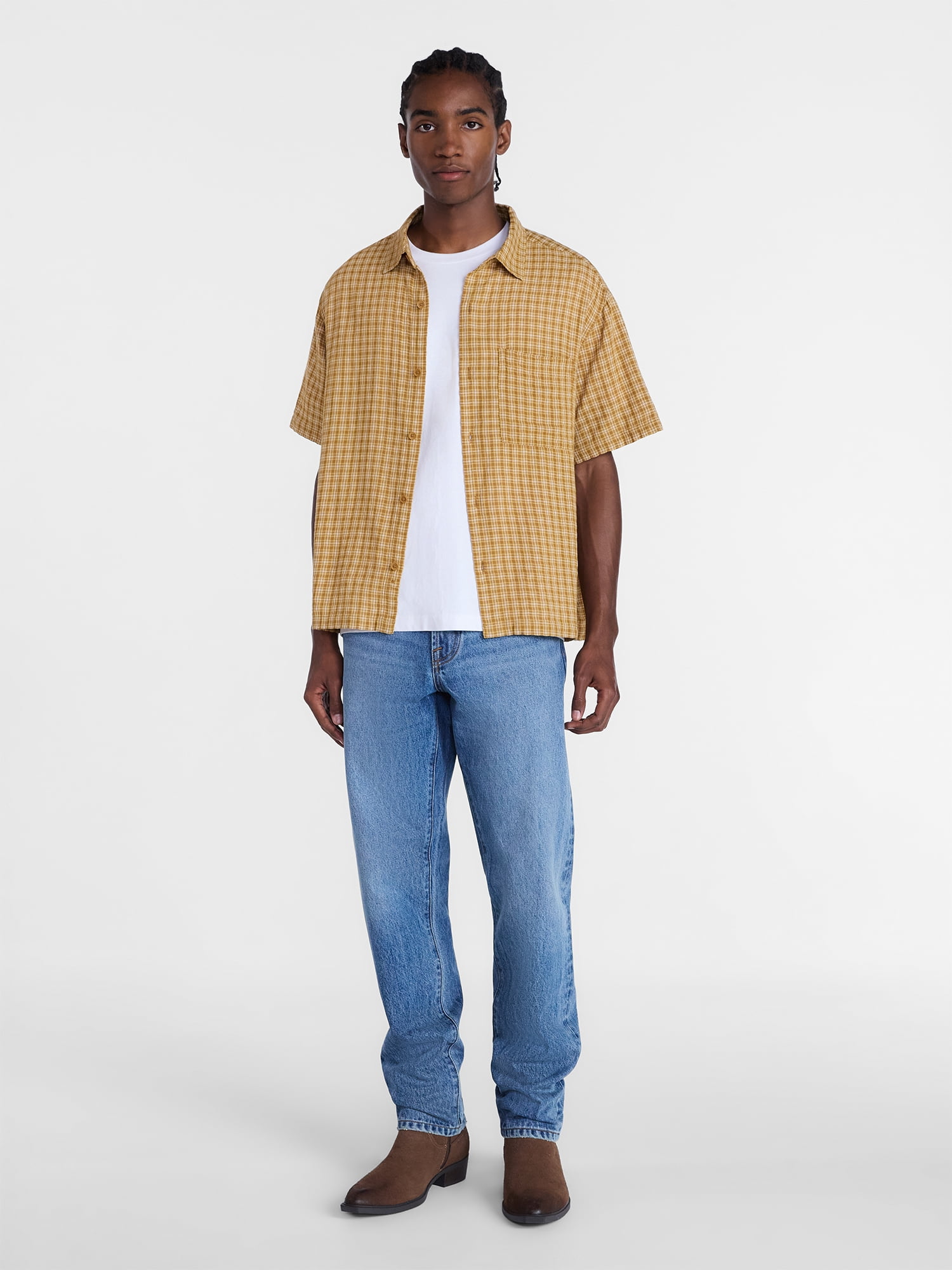 No Boundaries Plaid Shirt with Short Sleeves, Men's XS-5XB