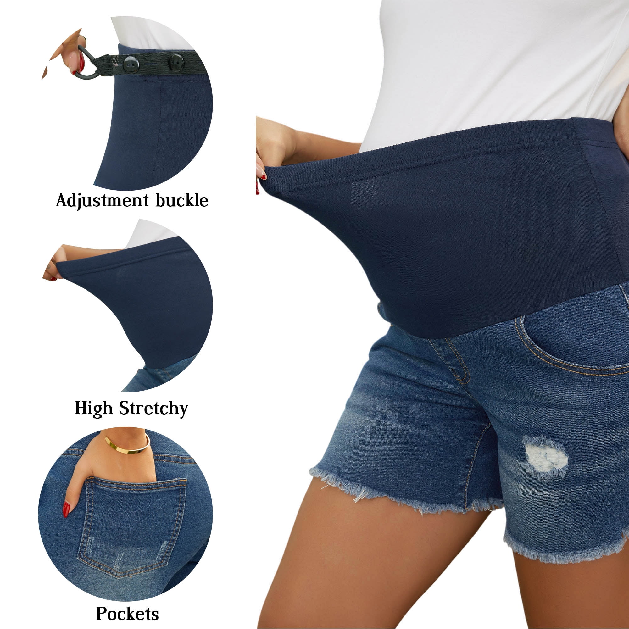 DARING DIVA Women's Maternity Denim Shorts Over Belly Stretchy with Pockets S Deep Blue