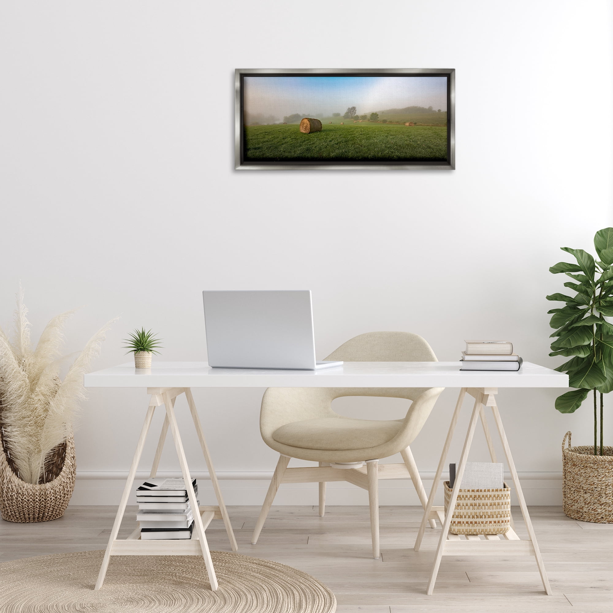 Stupell Industries Hay Bales Country Horizon Landscape & Nature Photography Gray Floater Framed Canvas Art Print Wall Art, 31 x 14