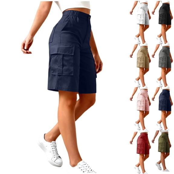 Vhkiploz Summer Cargo Shorts for Women's Button Beachwear Board Shorts Solid Color Wide Leg Bermuda Shorts with Multiple Pockets