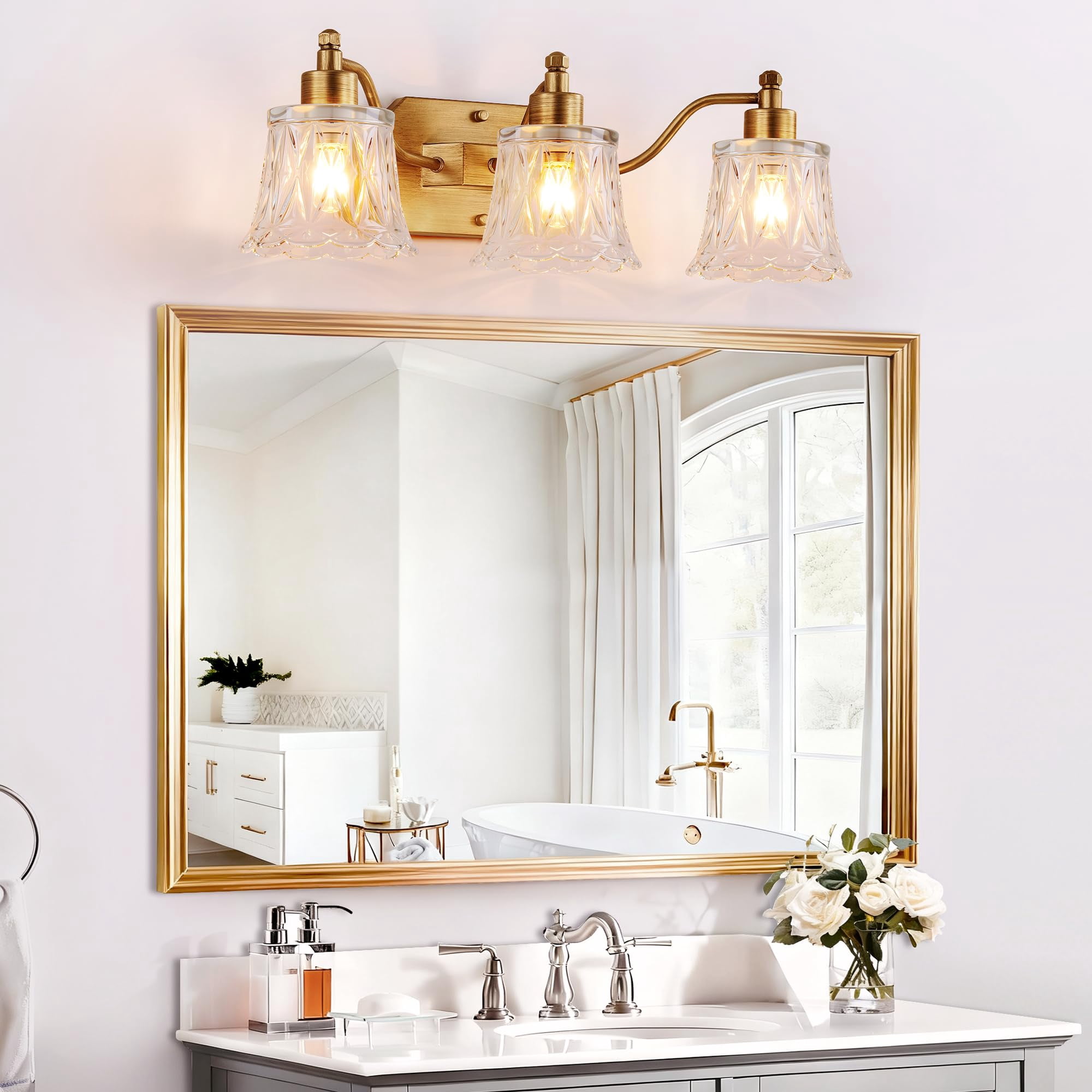 22" Gold Bathroom Light Fixture  3 Brass Vintage Vanity Antique Finish With Crystal Glass Shade Suit For Bedroom Or Hallway